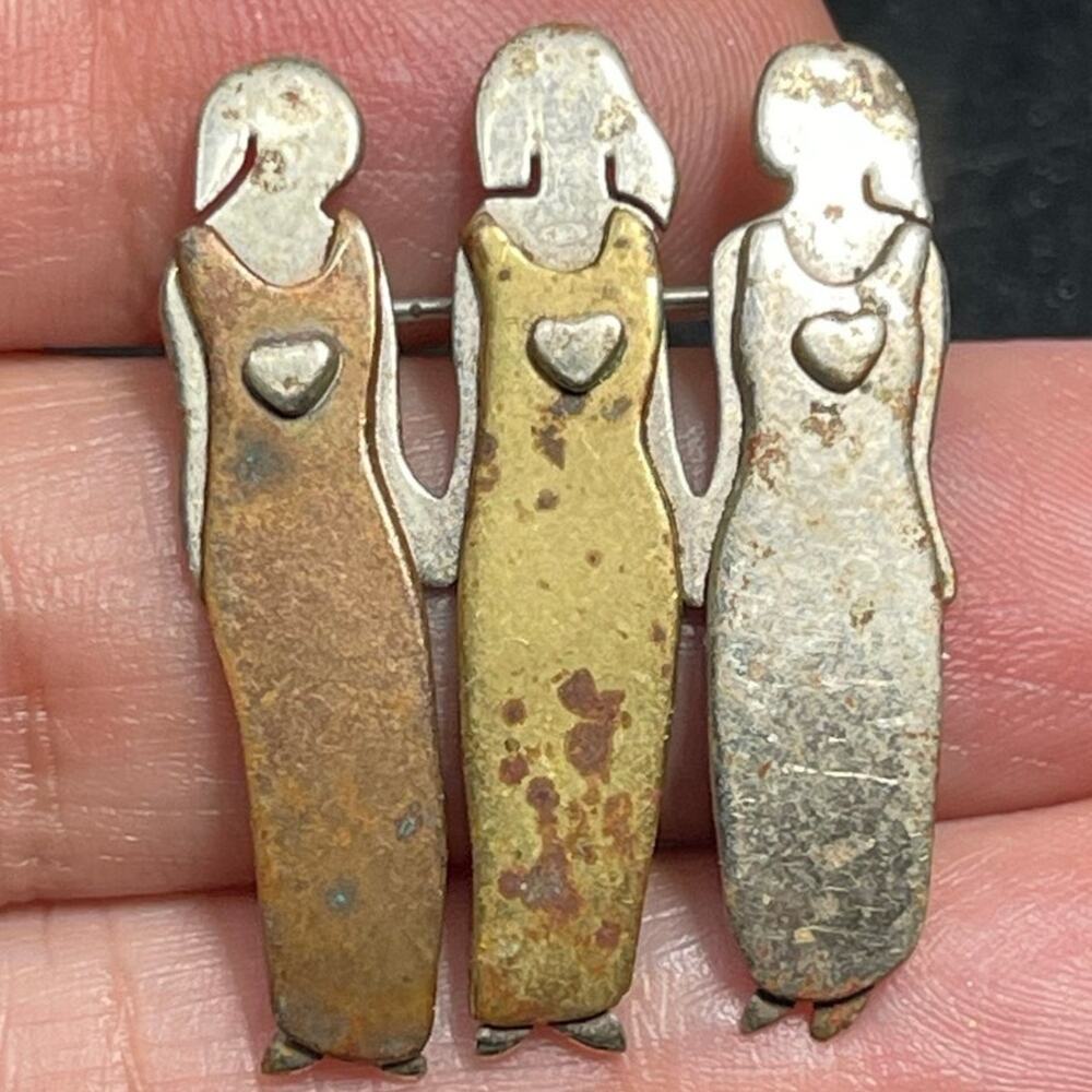 Far Fetched Sisterhood Love Mixed Metal Sterling Signed Vtg
